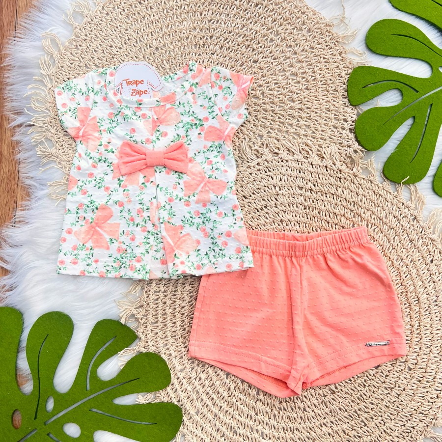 Conj. Blusa Floral com Laço e Short Ana Bola - Salmão e Off White